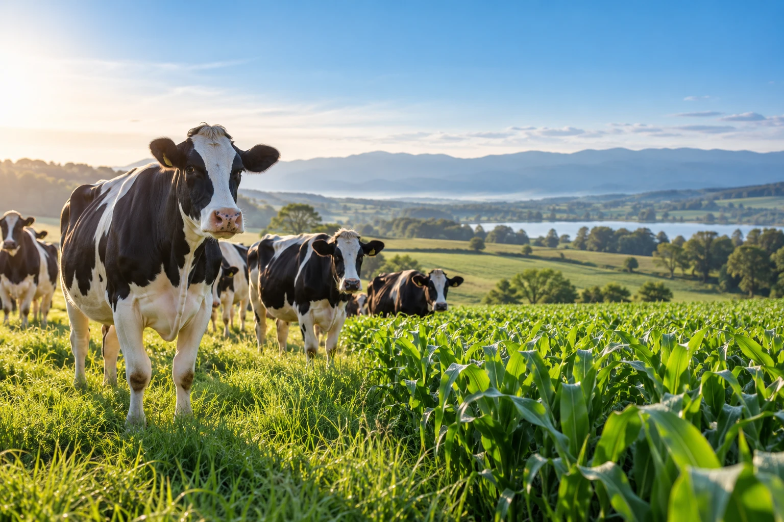 Healthy dairy cows in a green field, illustrating animal health and agriculture.