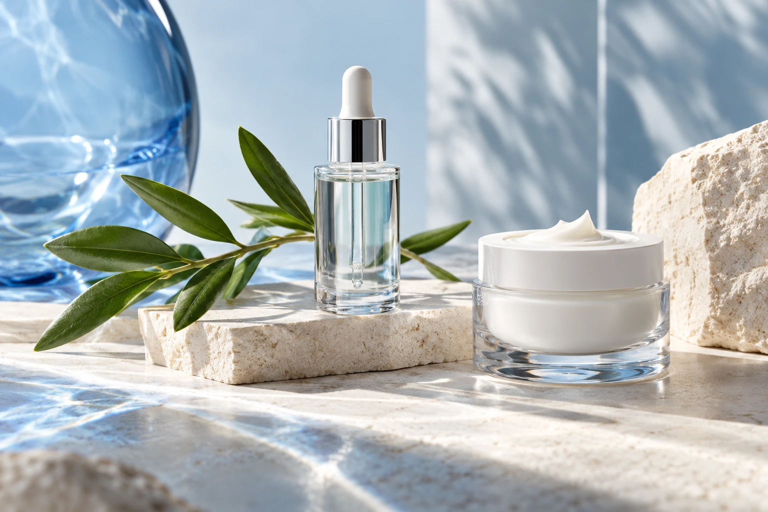 Unbranded skincare jars and glass serum bottles illustrating personal care.