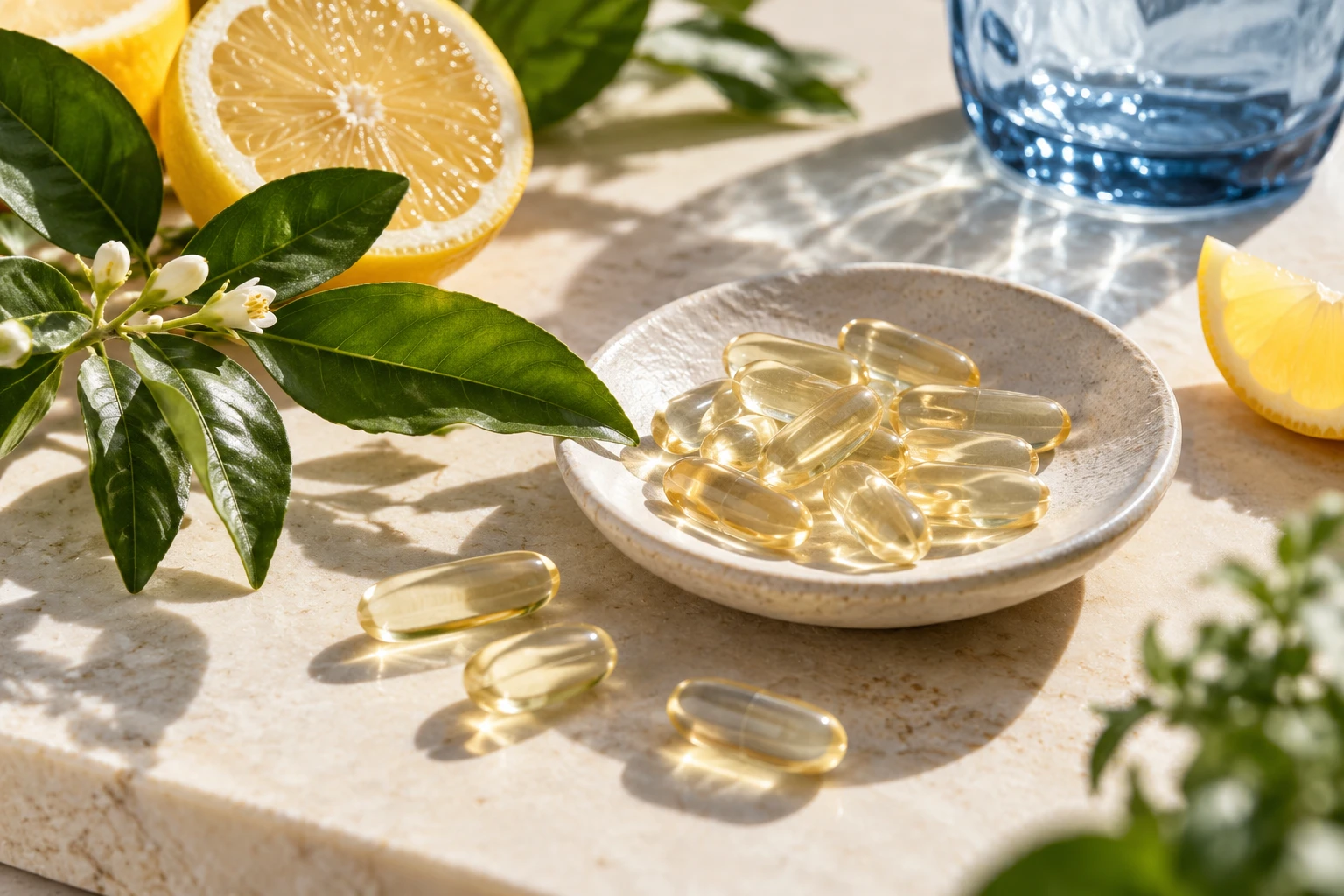 Illustrative capsules, citrus and leaves representing nutrition and wellbeing.