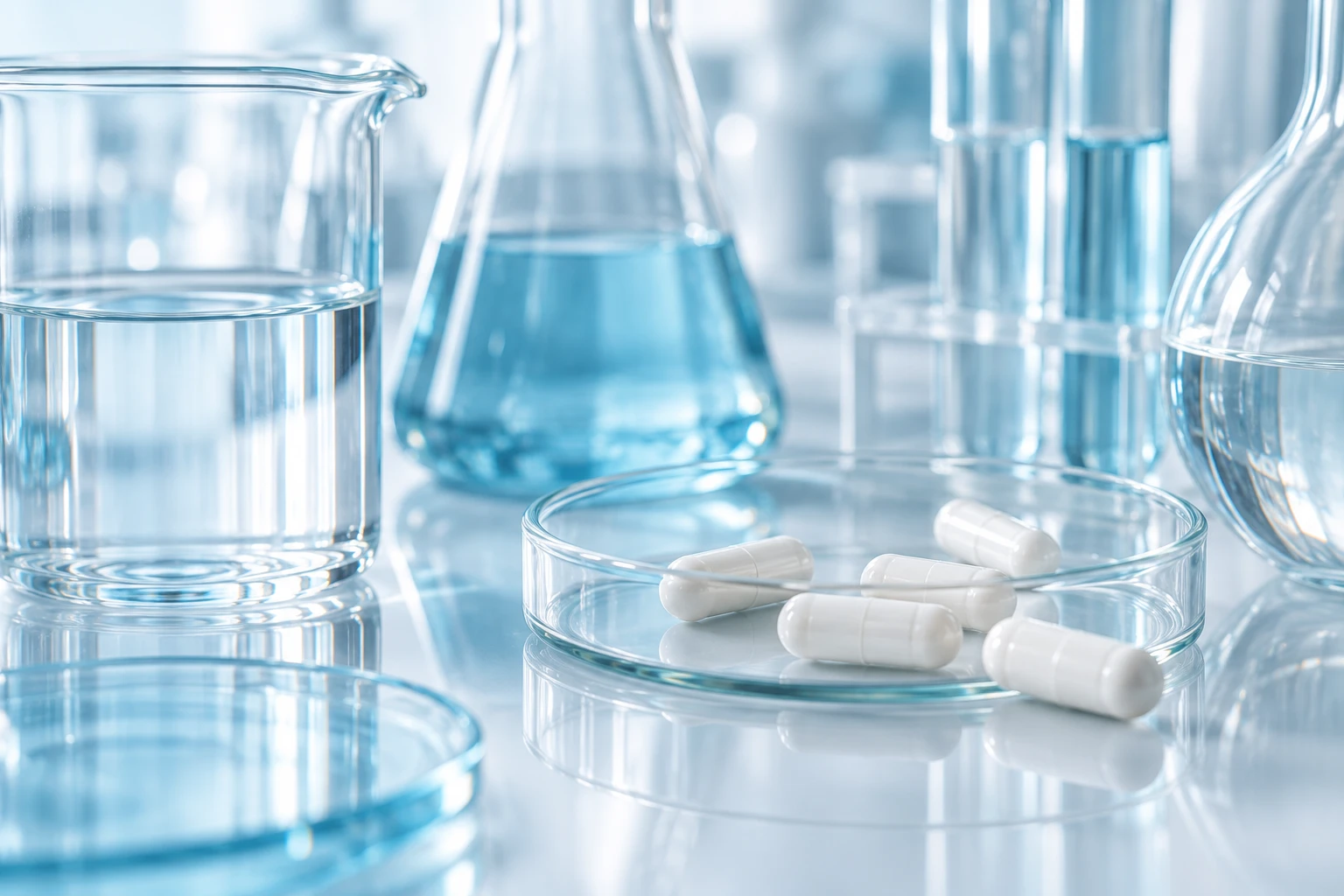 Illustrative pharmaceutical glassware and white capsules on a clean pale surface.